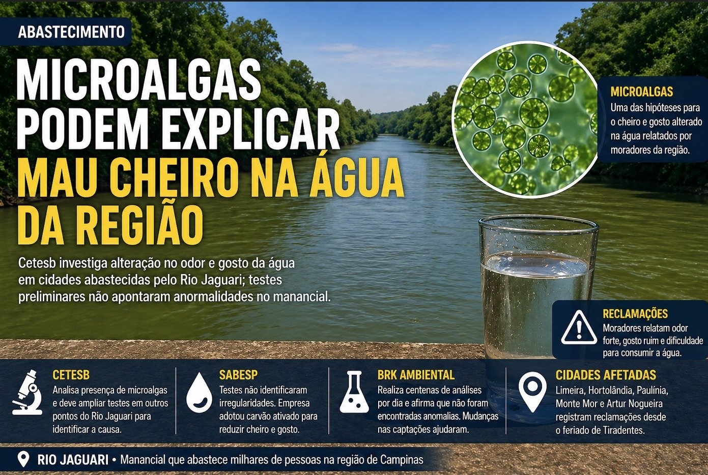Microalgas podem ser as causadoras do mau cheiro na água da região